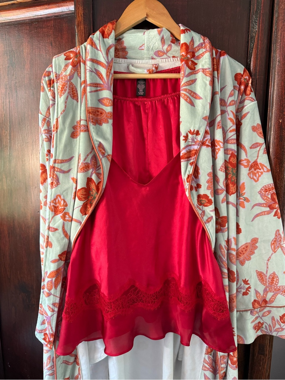 Victoria's Secret Red Satin Camisole with Mint and Orange Floral Cover